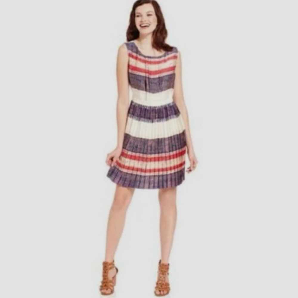 RACHEL Rachel Roy Women’s 8 Red Blue Cream Stripe Sleeveless Pleated Dress EUC